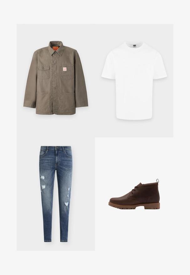 Brun knappet jakke med fire frontlommer, hvoraf en har et rødt og hvidt Levi's-mærke, og en klassisk krave.; Enkelt hvid kortærmet T-shirt med rund hals i bomuld vist på en lys grå baggrund.; Smaltsiddende blå denimjeans med slidte detaljer, flere revner og en falmet vask. Har fem-lomme-design og bæltestropper.; Brun læder ankelstøvle med rund tå, snørebåndsdesign og tekstureret gummisål med riller for greb. Inkluderer en bageste trækketalje.