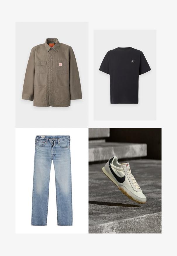 Hnedá bunda na zapínanie s gombíkmi so štyrmi vreckami vpredu, jedno s červeno-bielou cenovkou Levi's, a klasickým golierom.; Čierne tričko Nike Air s krátkym rukávom, okrúhlym výstrihom a malým bielym logom na ľavej strane hrude.; Svetlomodré džínsy s rovnými nohavicami, s gombíkovým zapínaním, dizajnom s piatimi vreckami a so zosvetlenou textúrou v oblasti stehien.; Biely a čierny teniska značky Nike s podrážkou farby žuvačky, visiaca nad betónovými schodmi, osvietená prirodzeným slnečným svetlom.