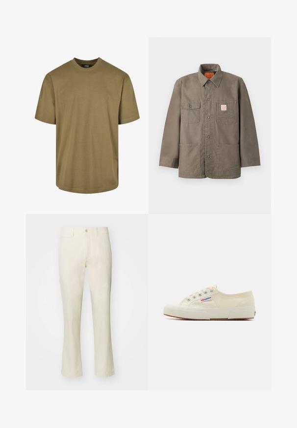Braune Jacke mit Knopfleiste, vier Fronttaschen, davon eine mit rotem und weißem Levi's-Label, und klassischem Kragen.; Olivenfarbene T-Shirt, kurze Ärmel, runder Halsausschnitt, aus Baumwollmaterial, verfügt über ein schlichtes Design ohne Muster oder Akzente.; Beige Baumwollhose mit geradem Bein, ausgestattet mit einem Knopfverschluss und einer Seitentasche. Glatte Textur und schlichtes Design.; Beige Leinen-Sneaker mit niedrigem Profil, Metallösen und Gummisohle. Mit einem strukturierten Muster und einem Logodetail an der Seite.