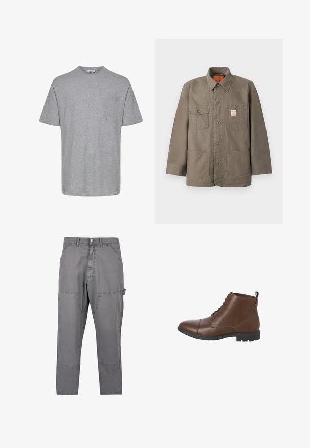 Veste boutonnée marron avec quatre poches à l'avant, dont une avec une étiquette Levi's rouge et blanche, et un col classique.; T-shirt gris à manches courtes en tissu doux. Présente un col rond et une poche sur la poitrine gauche, avec un ourlet droit. Design minimaliste.; Pantalon cargo gris en coton, avec une coupe droite, des poches latérales et des surpiqûres doubles pour la durabilité.; Bottes chelsea en cuir marron avec un bout arrondi, un design à lacets, une surface texturée et une semelle en caoutchouc noire. Comprend un petit talon et une languette.