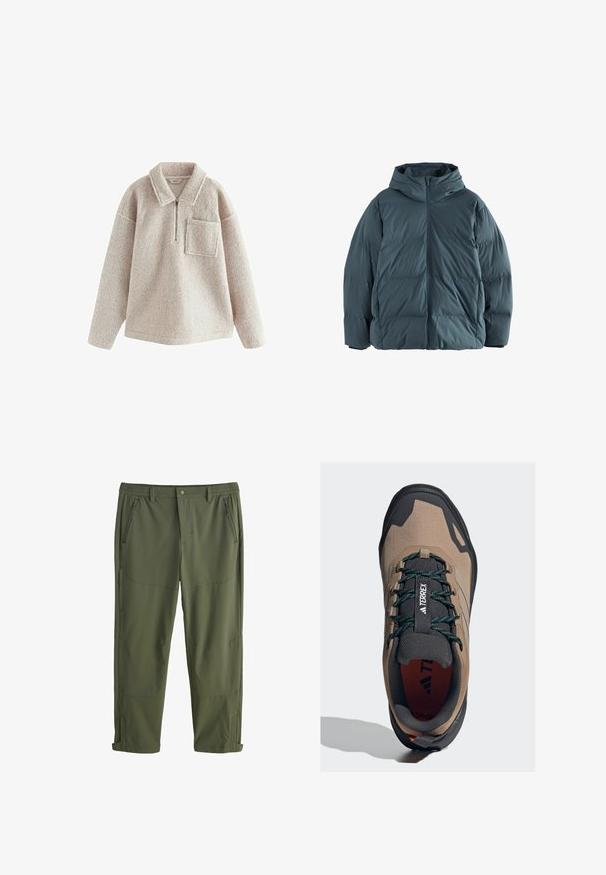 Veste d'hiver matelassée gris foncé avec capuche et fermeture éclair à l'avant, présentée à plat sur un fond blanc.; Pull en polaire beige avec une texture confortable, fermeture éclair demi-longue à l'avant, col et poche sur la poitrine gauche. Présente une coupe décontractée et des manches longues.; Pantalons de plein air verts, légers, avec une taille élastique, plusieurs poches zippées et des coutures renforcées. Jambes ajustables.; Chaussure de randonnée adidas Terrex beige et noire avec lacets verts et noirs, col matelassé et semelle en caoutchouc texturée, vue de dessus.