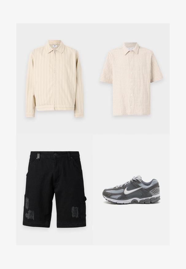Veste beige à fermeture éclair avec des rayures verticales bleu clair. Comprend un col, deux poches latérales et un ourlet droit. Fabriquée en tissu de coton.; Chemise à manches courtes de couleur beige clair, ornée d'un motif en grille de couleur marron doux, avec des boutons à l'avant et un col classique. Texture du tissu lisse.; Shorts cargo en denim noir avec une coupe décontractée, présentant des patchs déchirés, des poches frontales et des poches cargo latérales pour une utilité supplémentaire.; Baskets de running Nike en gris et argent, avec des textures en maille et en daim, un laçage proéminent et une semelle rembourrée avec des accents géométriques.