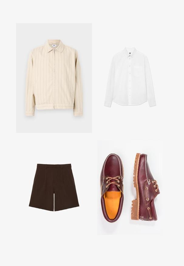Veste beige à fermeture éclair avec des rayures verticales bleu clair. Comprend un col, deux poches latérales et un ourlet droit. Fabriquée en tissu de coton.; Chemise blanche à manches longues avec un col, poches avant et texture subtile. Le boutonnage sur le devant comporte des boutons et un petit détail de logo.; Shorts marron foncé coupés au genou, cintrés avec passants de ceinture et plis sur le devant, présentés à plat sur fond blanc.; Chaussures en cuir bourgogne avec semelles en caoutchouc marron, bout rond, couture blanche et œillets dorés. L'intérieur présente une doublure jaune.
