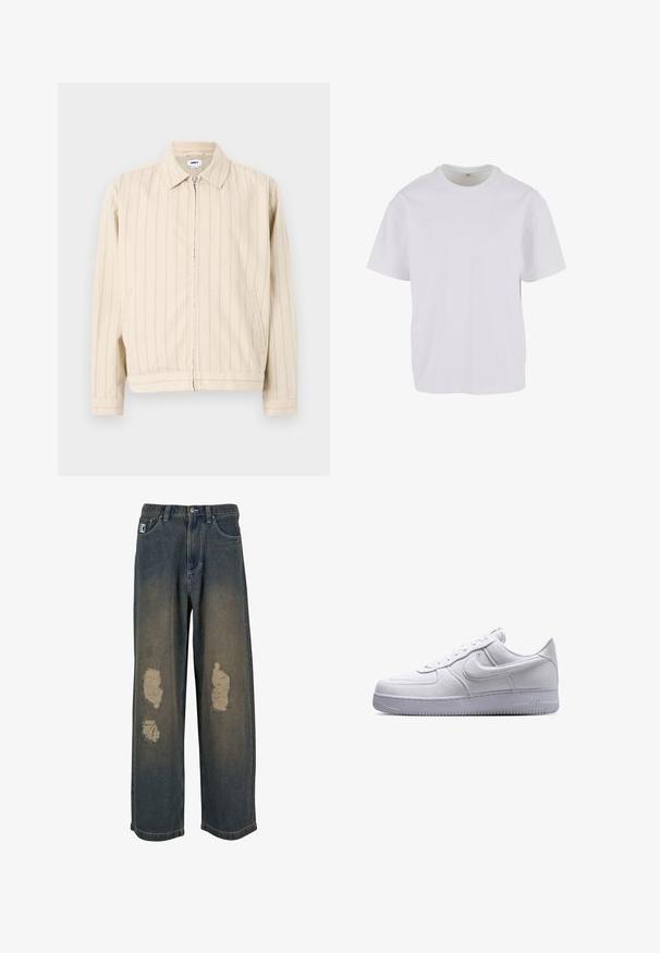 Beige ritsjack met verticale lichtblauwe strepen. Heeft een kraag, twee zijzakken en een rechte zoom. Gemaakt van katoen.; Witte T-shirt met korte mouwen van zacht katoen, met een ronde halslijn en een ontspannen pasvorm met rechte zoom. Geen patronen of accenten zichtbaar.; Verbleekte blauwe denim jeans met een wijde pijp, voorzien van versleten plekken en rafelige randen. Metalen knoop- en ritssluiting, met voorzakken.; Witte lage Nike Air Force 1 sneaker met vetersluiting en een gestructureerde zool, zijaanzicht op een witte achtergrond.