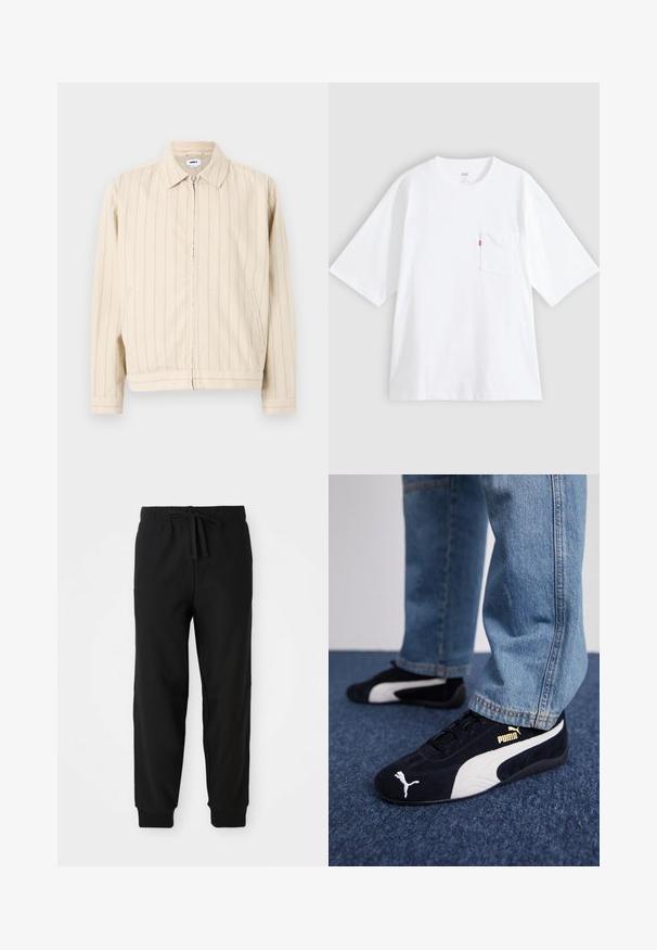 Veste beige à fermeture éclair avec des rayures verticales bleu clair. Comprend un col, deux poches latérales et un ourlet droit. Fabriquée en tissu de coton.; T-shirt en coton blanc à manches courtes, col rond et poche poitrine gauche. Comprend une petite étiquette logo rouge sur la poche.; Pantalons de jogging noirs avec une taille élastique et un cordon de serrage ajustable. Les poignets ajustés et les coutures latérales créent une silhouette fluide.; Baskets en daim noir avec accents blancs, arborant un logo doré. Portées avec un jean en denim bleu clair et posées sur une surface bleue texturée.