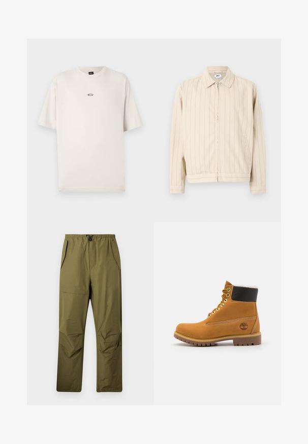 Beige lynlåsjakke med lodrette lyseblå striber. Har krave, to sidelommer og lige kant. Lavet af bomuldsstof.; Oakley RISE TEE - T-shirts basic - mist; Oliven grønne lige ben bukser med elastisk talje og snor, der har sidelommer og en flaplomme på højre lår.; Brune læder ankelstøvle med metaløjer, hvid pelsforing, sort polstret krave, robust sål og præget logo på siden.