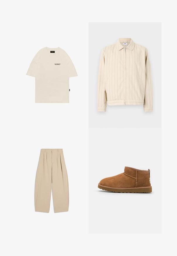 Veste beige à fermeture éclair avec des rayures verticales bleu clair. Comprend un col, deux poches latérales et un ourlet droit. Fabriquée en tissu de coton.; T-shirt en coton beige avec un col rond, au design surdimensionné, et un logo imprimé noir sur la poitrine gauche. Manches courtes à coupe droite.; Pantalon beige taille haute à jambes larges avec plis, passants pour ceinture, fermeture par bouton et zip avant dissimulé.; Bottine en suède beige avec un bout rond, des détails de couture subtils et une semelle en caoutchouc texturée. Hauteur courte sans lacets.