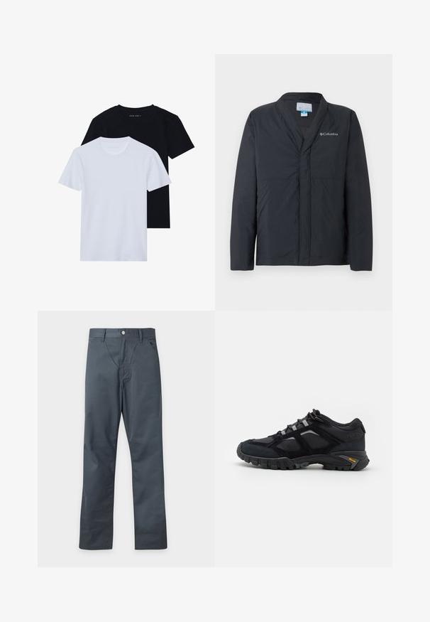 Veste isolante noire Columbia avec manches longues, col en V et logo sur la poitrine gauche, présentée sur fond blanc.; Deux t-shirts à manches courtes et col rond, un noir et un blanc, fabriqués en coton doux avec une texture côtelée. Design à coupe classique.; Pantalon droit bleu foncé avec fermeture avant par bouton et zip, poches latérales et passants de ceinture, présenté sur un fond clair uni.; Chaussure extérieure noire en daim et en maille avec une semelle robuste. Présente des accents gris et une marque Vibram sur le côté. Design à lacets.