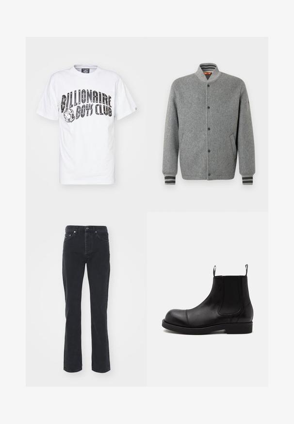 Grijze wollen bomberjack met een opstaande kraag, zwarte drukknopen en geribbelde boorden met strepen. Voorzien van zijzakken en een gladde textuur.; Witte katoenen t-shirt met de tekst "Billionaire Boys Club" in grote zwarte letters, met een astronautenafbeelding aan de linkerkant. Korte mouwen.; Zwarte denim jeans met een rechte pijpdesign, voorzien van vijf zakken en een knoopsluiting. De stof heeft een subtiele textuur en stevige afwerking.; Zwarte leren Chelsea-boot met afgeronde neus, elastische zijpanelen, aantreklussen voor en achter, platte zool, van opzij getoond op witte achtergrond.