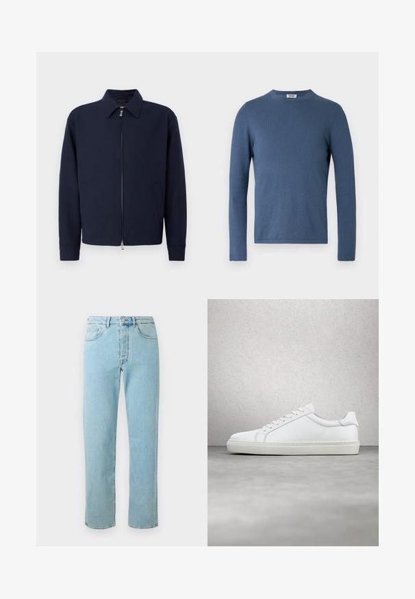 Marineblauwe ritsjack met kraag, lange mouwen, twee zijzakken en zilveren ritsluiting op een effen witte achtergrond.; Blauwe trui met lange mouwen, gemaakt van zachte, gestructureerde stof. Voorzien van een ronde hals en een aansluitend ontwerp met minimale stikdetails.; Lichtblauwe denim jeans met een rechte pijp, uitgerust met vijf zakken, een ritssluiting en subtiele vervagingen door de stof.; Witte sneaker met een gladlederen bovenwerk en een laag profiel. Voorzien van een ronde neus, zes vetergaatjes en een gestructureerde rubberen zool.