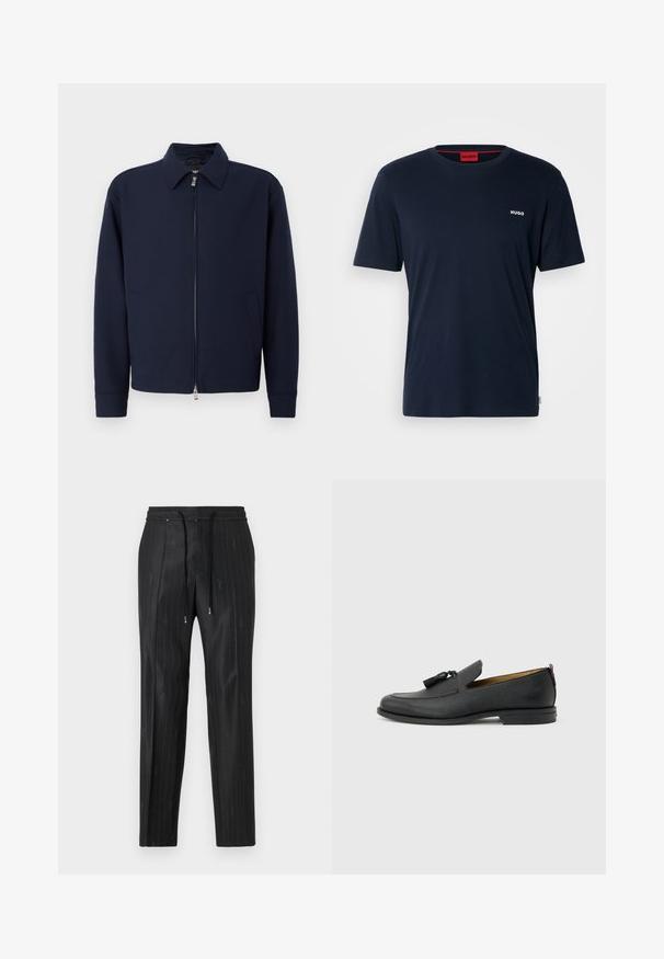 Dunkelblaue Zip-Jacke mit Kragen, langen Ärmeln, zwei Seitentaschen und silbernem Reißverschluss vor einem schlichten weißen Hintergrund.; Marineblaue Baumwoll-T-Shirt mit kurzen Ärmeln, Rundhalsausschnitt und kleinem weißen "HUGO"-Logo auf der linken Brust. Glatte Textur, minimalistisches Design.; Schwarze gestreifte Hose aus glattem Material mit einem bequemen elastischen Bund und Akzenten aus Kordelzügen. Mit dezenten Logodetails.; Schwarzer Herrenschuh aus Leder mit Quasten, runder Spitze, niedrigem Absatz und Zuglasche auf der Rückseite, seitlich auf hellem grauem Hintergrund dargestellt.