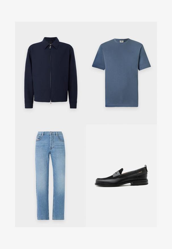 Veste zippée bleu marine avec col, manches longues, deux poches latérales et fermeture éclair argentée sur fond blanc uni.; T-shirt en coton bleu avec un col rond et des manches courtes. Présente une texture lisse et un ourlet droit. Pas de motifs ou graphiques visibles.; Jeans en denim bleu clair avec une coupe droite, fermeture à bouton, style cinq poches et texture légèrement décolorée. Silhouette de jean classique.; Mocassin en cuir noir avec détail de bride grise, talon bas et semelle texturée, marqué "HUGO" en or sur le côté.