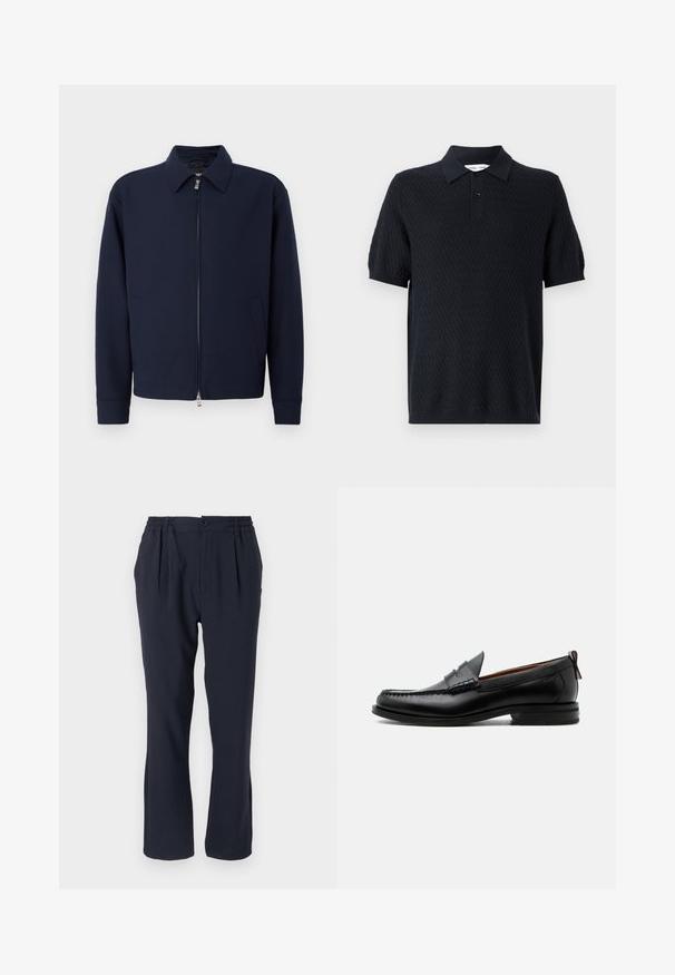 Chaqueta de cremallera azul marino con cuello, mangas largas, dos bolsillos laterales y cierre de cremallera plateado sobre un fondo blanco liso.; Polo negro con un patrón texturizado de zigzag, mangas cortas y un cuello con dos botones. Fabricado con un tejido transpirable.; Pantalones azul marino hechos de una tela suave con una cinturilla elástica, que cuentan con pliegues frontales y un diseño de pierna recta.; Mocasín de hombre de piel negra con costura moc toe, tira penny, cuello texturizado y tacón bajo apilado sobre fondo blanco.