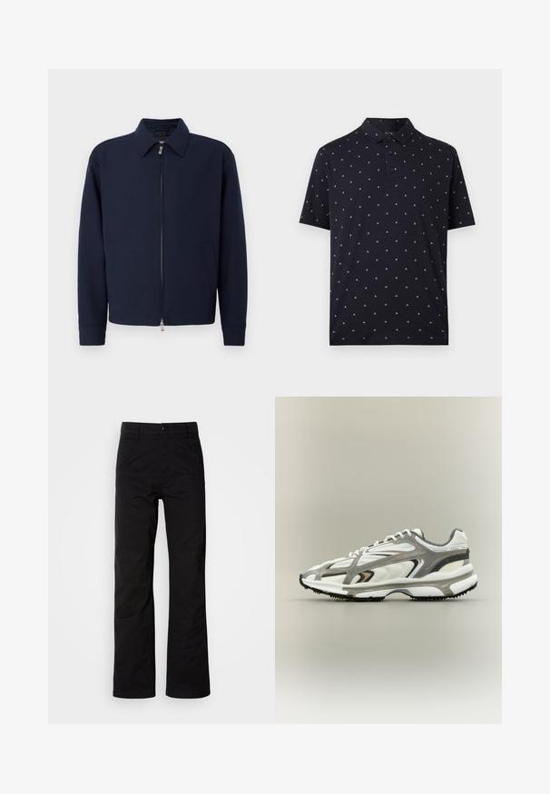 Mørkeblå zip-jakke med krave, lange ærmer, to sidelommer og sølvfarvet lynlås lukning på en ensfarvet hvid baggrund.; Sort poloshirt med korte ærmer og små hvide "AX"-logoer trykt over det hele samt tre knapper på slipset under kraven.; Sort bomuldsbukser med lige ben, der har knaplukning og bæltestropper. Glat tekstur og minimalistisk stil uden synlige mønstre.; Sportssko med en hvid mesh-overdel, grå accenter, sort gummisål og et strømlinet design. Har snørebånd og strukturerede detaljer.