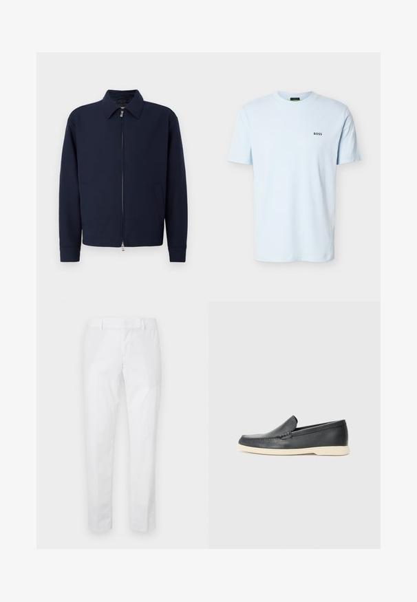 Dunkelblaue Zip-Jacke mit Kragen, langen Ärmeln, zwei Seitentaschen und silbernem Reißverschluss vor einem schlichten weißen Hintergrund.; Hellblaues T-Shirt mit kurzen Ärmeln und Rundhalsausschnitt, mit kleinem schwarzem "BOSS"-Logo auf der linken Brust.; Weiße Slim-Fit-Hose mit Gürtelschlaufen und Seitentaschen, flach auf hellem Hintergrund ausgelegt.; Schwarzer Loafer aus Leder zum Hineinschlüpfen mit beiger Sohle, schwebend in der Luft nahe einem Metall-Draht-Magazinhalter auf einem Terrazzo-Boden.