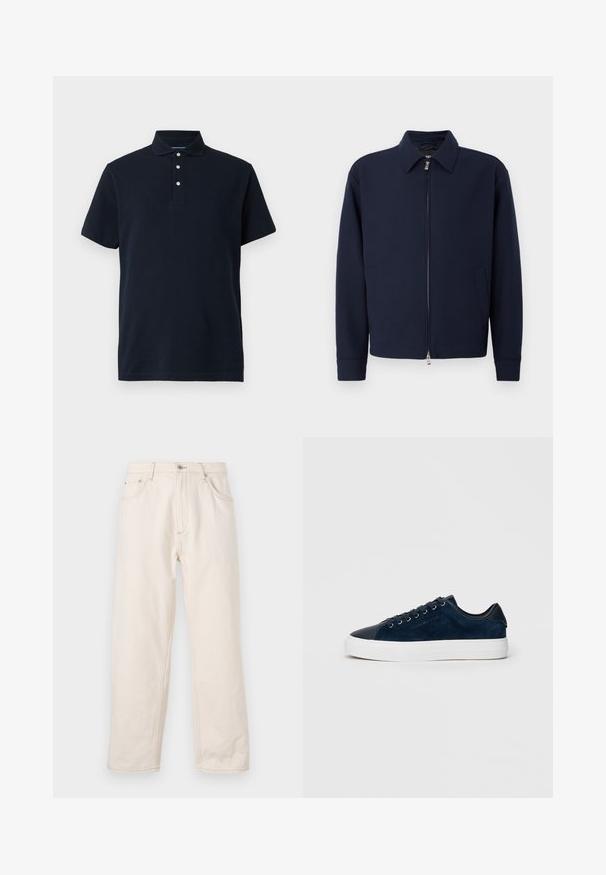 Dunkelblaue Zip-Jacke mit Kragen, langen Ärmeln, zwei Seitentaschen und silbernem Reißverschluss vor einem schlichten weißen Hintergrund.; Marineblaue kurzärmlige Polo-Shirt mit Kragen und drei weißen Knöpfen auf der Knopfleiste, vor einem einfarbigen Hintergrund präsentiert.; Beige gleich geschnittene Jeans aus Denim, mit Knopfverschluss, fünf Taschen und sichtbaren Nähten. Glatte Textur.; Marineblauer Wildleder-Sneaker mit glänzender, dunkler Zehenkappe, weißer Gummisohle und sechs Ösen für Schnürsenkel, mit einem dezenten Logo an der Seite.