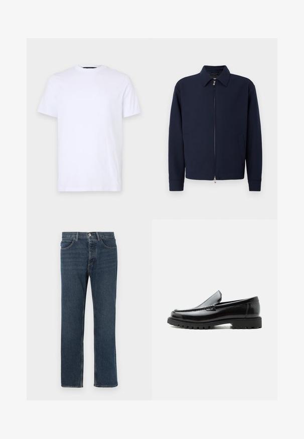 Dunkelblaue Zip-Jacke mit Kragen, langen Ärmeln, zwei Seitentaschen und silbernem Reißverschluss vor einem schlichten weißen Hintergrund.; Weißes Baumwoll-T-Shirt mit kurzen Ärmeln, rundem Halsausschnitt, mit einem dezenten eingeprägten Logo auf der linken Brust, glatte Textur.; Dunkelblaue Denim-Jeans mit geradem Schnitt, fünf Taschen, einer Knopfverschluss und sichtbaren Nähten. Das Material ist texturiert und im klassischen Design gehalten.; Schwarzer Lederloafer mit grober Gummisohle, genähter Oberseite und geprägtem Markennamen an der Ferse, seitlich auf weißem Hintergrund gezeigt.