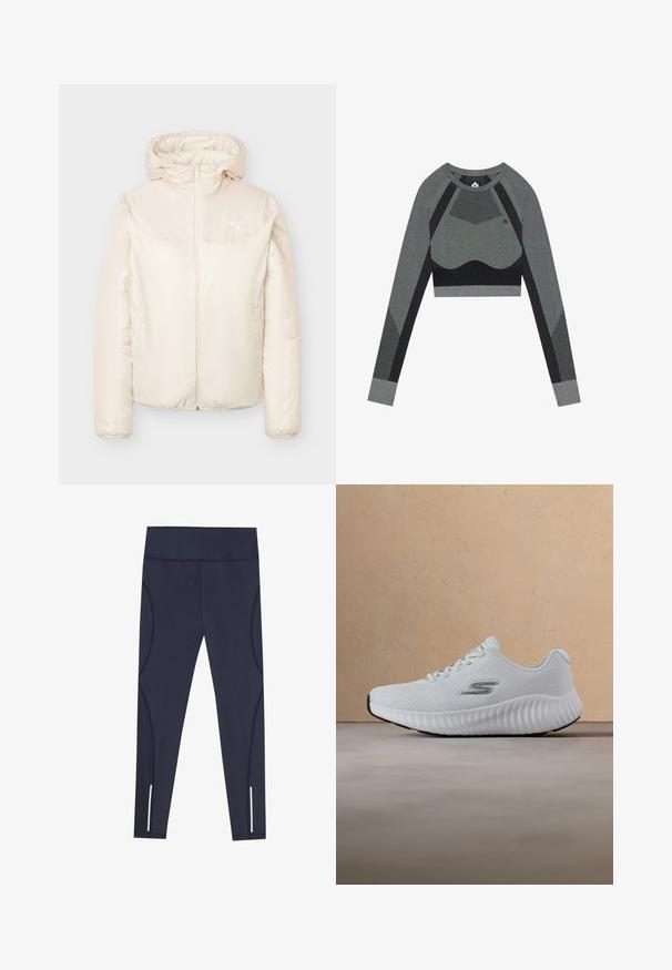 Beige polstret jakke med hætte, fuld lynlås foran, lange ærmer og lille Puma-logo på brystet.; Grå langærmet crop top med en tætsiddende design. Har mesh-detaljer, solide sorte paneler og struktureret stof for øget åndbarhed.; Navy blå leggings lavet af strækbart stof, med en høj talje og buede sidesømme, samt reflekterende detaljer ved anklerne.; Hvid atletiksneaker med tekstureret sål og meshoverdel, med et sølvfarvet "S"-logo, svævende over en beige tæppe- og sofa-baggrund.