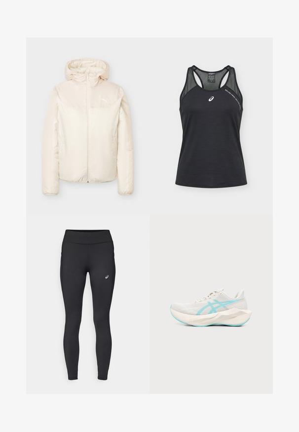 Veste matelassée beige avec capuche, fermeture éclair complète sur le devant, manches longues et petit logo Puma sur la poitrine.; Haut de sport sans manches noir Asics avec panneaux en mesh aux épaules, logo blanc sur la poitrine et texte "SOUND MIND SOUND BODY" près de l'épaule.; ASICS CORE WINTER - Collants hiver - performance black; Chaussure de course beige clair avec semelle épaisse géométrique et lignes d'accent bleu clair ainsi que semelle extérieure, vue latérale sur fond blanc.