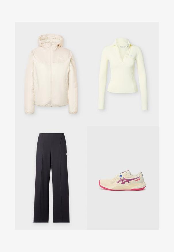 Beige gewatteerd jack met capuchon, volledige rits aan de voorkant, lange mouwen en klein Puma-logo op de borst.; Lange mouwen, crèmekleurige nauwsluitende top met diepe V-hals en kraag, voorzien van een klein lichtblauw logo op de linkerborst.; Zwarte broek met wijde pijpen, subtiele voornaad en een klein wit logo op het bovenbeen tegen een effen achtergrond.; Crèmekleurige sportschoen met een roze zool, blauwe en paarse accenten, perforeerde bovenkant en een afgeronde neus.