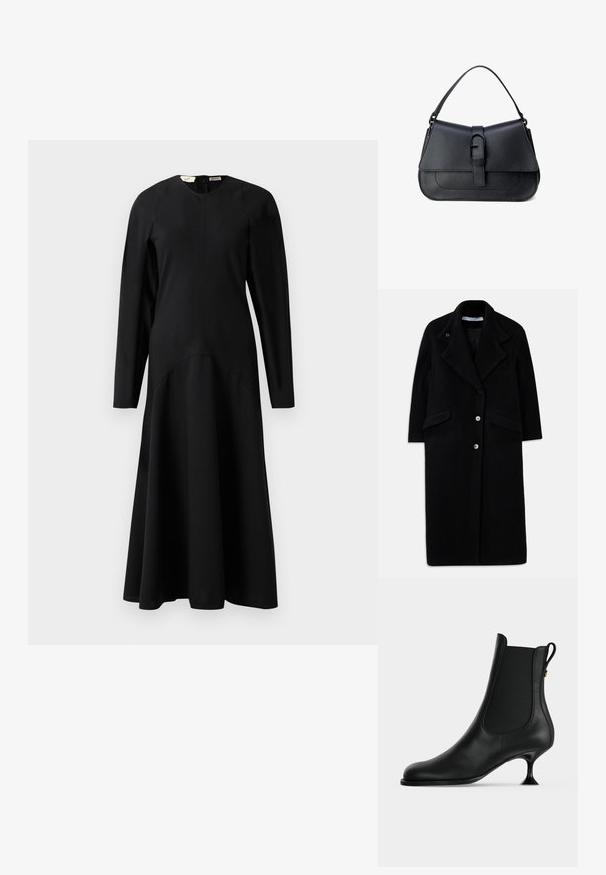 Long manteau noir en laine avec grands revers, trois boutons devant, deux poches à Rabat et manches longues.; Robe midi noire à manches longues avec un haut ajusté et une jupe évasée, dotée d'un col rond et d'une fermeture éclair au dos.; Bottine en cuir noir à bout pointu, panneaux latéraux élastiques, et petit talon fin évasé sur un fond clair uni.; Sac à main en cuir noir au design structuré, texture lisse, bandoulière ajustable et rabat avant avec détail de boucle.