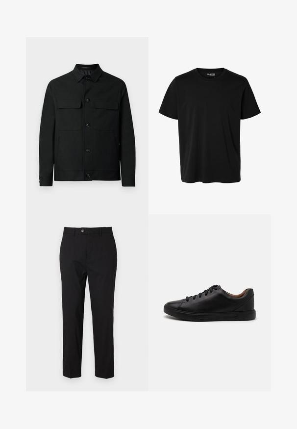 Sort jakke lavet af glat stof, med en kravehals, to brystlommer og knaplukninger foran.; Ensfarvet sort t-shirt med korte ærmer og rund hals, herrepasform, uden synlige mønstre eller logoer foran.; Sorte bukser lavet af glat stof, med knaplukning, bælteholdere og to sidelommer. Lige ben-udsnit med minimal detaljering.; Sorte lædersneakers med en glat finish, rund tå og seks huller til snørebånd; har en sort gummisål for godt greb.