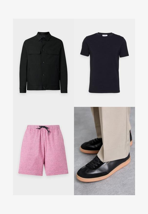 Veste noire en tissu lisse, dotée d'un col, de deux poches poitrine et de boutons sur le devant.; T-shirt noir à manches courtes avec un col ras-du-cou, muni d'une petite étiquette blanche à l'intérieur du col.; Shorts de bain roses à motifs avec une taille élastique et un cordon noir. Le matériau semble léger avec une surface texturée.; Paul Smith COMO - Baskets basses - black