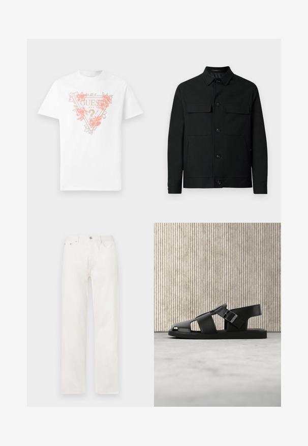 Veste noire en tissu lisse, dotée d'un col, de deux poches poitrine et de boutons sur le devant.; T-shirt en coton blanc avec un logo en forme de triangle orné de fleurs en corail et or. Manches courtes et col rond.; Jean en denim blanc coupe droite avec poches avant, passants pour ceinture et fermeture par bouton à la taille, présenté sur un fond uni.; Sandale en cuir noir avec bride à boucle, design à bout ouvert, présentée sur un tapis beige avec un arrière-plan flou de meubles marron.