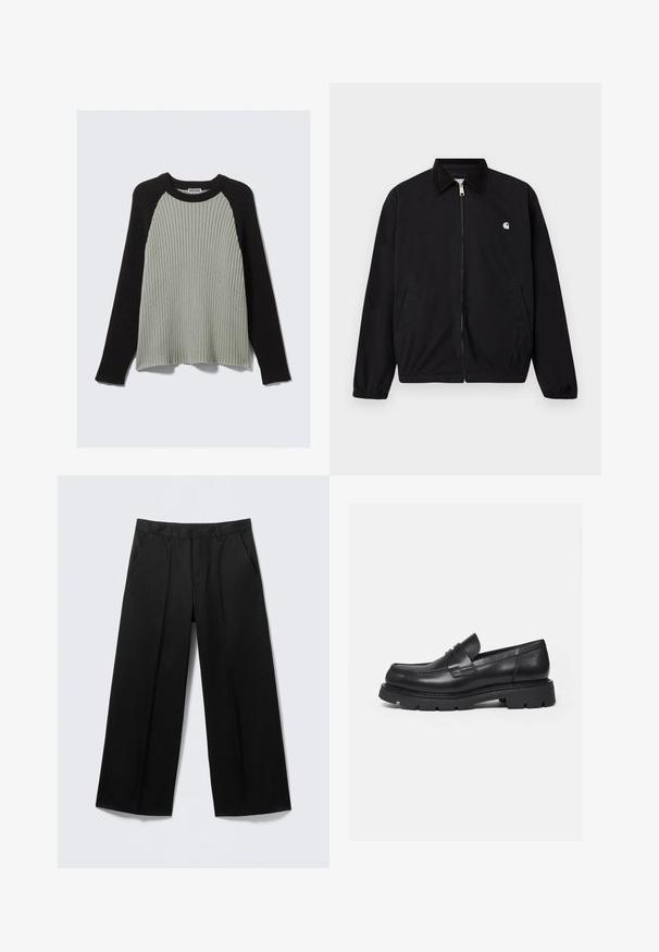 Veste noire zippée avec poignets élastiques, deux poches avant, un col sombre et un petit logo blanc sur la poitrine gauche.; Pull côtelé vert et noir à manches longues, col rond, tissu texturé et couleurs contrastées. Style décontracté, coupe ample.; Pantalon large noir avec passants pour ceinture, poches avant et fermeture éclair, présenté sur un fond gris clair.; Mocassin en cuir noir avec semelle épaisse crantée et détail de bride penny, présenté en profil droit sur fond blanc.