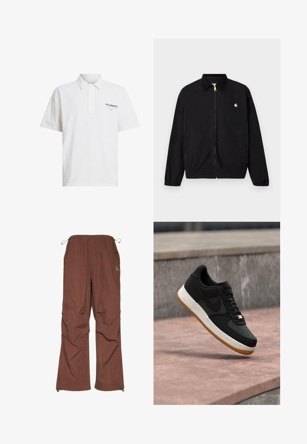 Schwarze Jacke mit Reißverschluss, elastischen Bündchen, zwei Vordertaschen, einem dunklen Kragen und einem kleinen weißen Logo auf der linken Brust.; Weißes Polo-Shirt aus Baumwolle mit kurzen Ärmeln, einem Knopfkragen und einem schwarzen Logo auf der linken Seite. Glatte Textur, klassischer Schnitt.; Braune Cargo-Hose mit elastischem Bund und verstellbarem Kordelzug, ausgestattet mit Seitentaschen und einem lässigen Schnitt. Glatte Textur, leichtes Gewebe.; Schwarzer Sneaker in niedriger Ausführung mit weißer Mittelsohle, brauner Außensohle und Nike-Swoosh-Logo, schwebt über einer rosa Betonfläche vor einem Hintergrund aus Steinmauer.