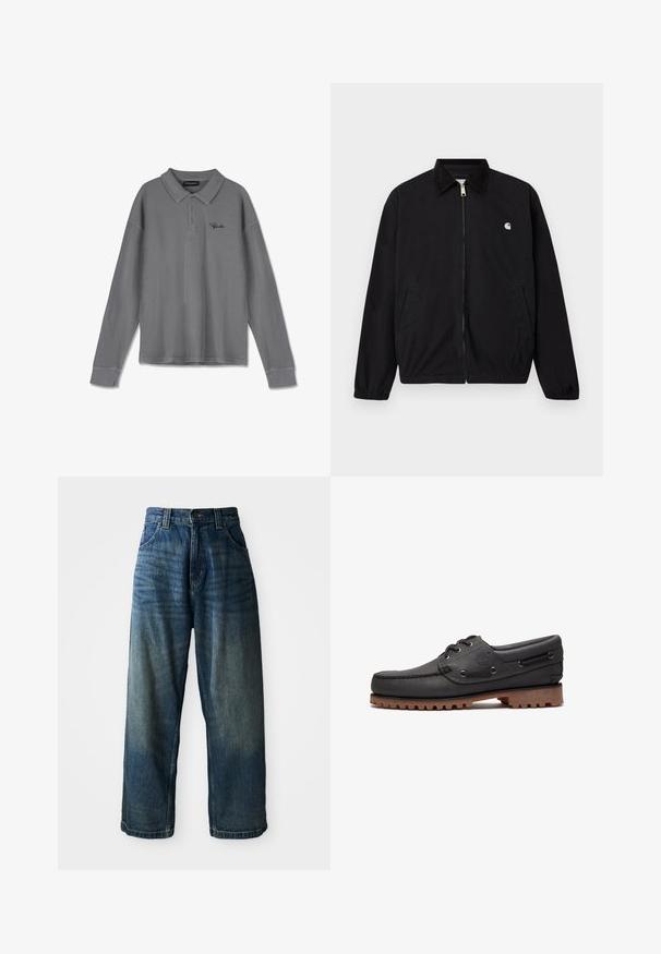 Chaqueta negra con cremallera, puños elásticos, dos bolsillos delanteros, un cuello oscuro y un pequeño logo blanco en el pecho izquierdo.; Polo de manga larga en tela a rayas gris. Cuenta con un cuello, placa de tres botones y un discreto logotipo negro en el pecho.; Jeans de mezclilla azul de pierna ancha con un acabado desgastado. Presenta cinco bolsillos, un cierre de botón y costuras en contraste. Tejido pesado.; Zapato náutico de cuero negro con detalles de cordones, puntera redonda, suela de goma marrón texturizada y lados de cuero cosidos.