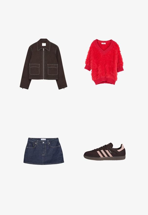 Brun ruskinds cropped jakke med metal lynlås, to forlommer, hvide stikninger, klapkrave og lynlåsdetaljer på ærmerne.; Camomilla Italia MARGARET - T-shirts basic - red; Mørkeblå denim mininederdel med frontknapper, lommer, bæltestropper og synlige orange syninger på hvid baggrund.; Sort ruskindsneaker med tre lyserøde striber, rund snude, gummisål og polstret krave. Har præget branding på siden og tungen.