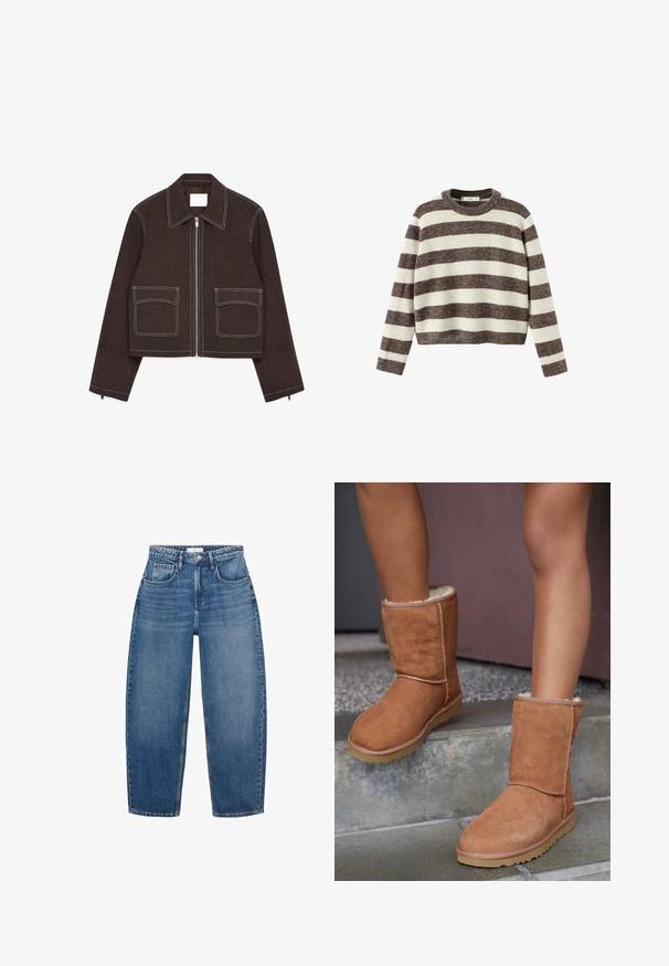 Brun ruskinds cropped jakke med metal lynlås, to forlommer, hvide stikninger, klapkrave og lynlåsdetaljer på ærmerne.; Stripet pullover sweater i creme og mørkebrun. Ribstrikket rund hals, lange ærmer og en kortet kant. Blød tekstur med en afslappet pasform.; Højtaljede blå denimjeans med lige ben-design, der har fem lommer, bælteløkker og subtilt slid for ekstra tekstur.; Brune ruskind ankelstøvler med rund tå, blødt foer og gummisål, der har synlige stikninger langs sømmene.