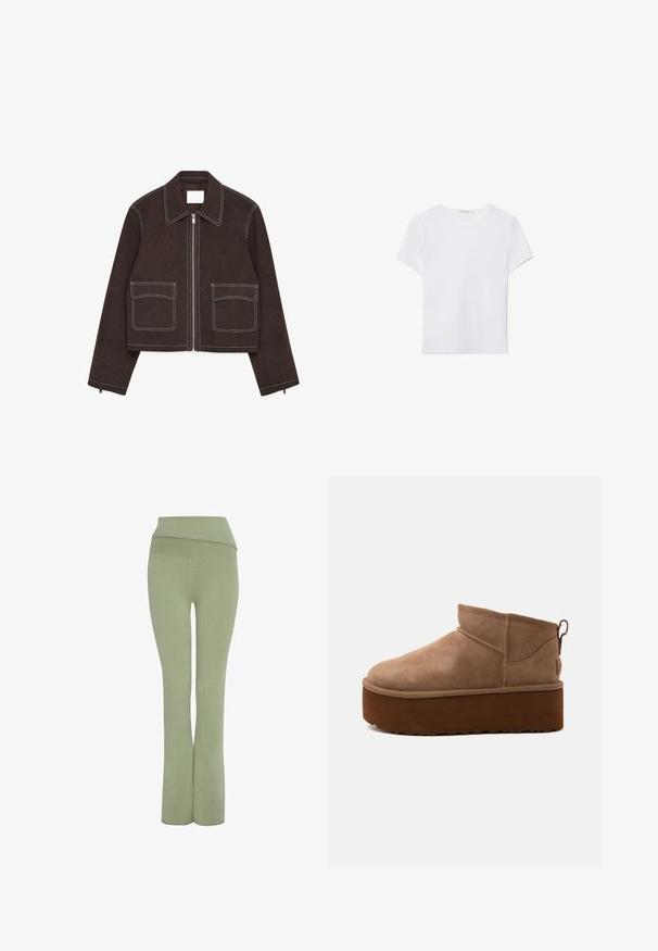 Bruine suède cropped jas met een metalen rits, twee voorzakken, witte stiksels, een ingelegd kraagje en ritsdetails op de mouwen.; Witte T-shirt met korte mouwen, gemaakt van zachte stof. Heeft een ronde halslijn en een eenvoudig, strak ontwerp met een rechte zoom.; Groene, aansluitende broek met een brede tailleband en een uitlopend ontwerp. Zachte stoftextuur, ontworpen voor comfort en flexibiliteit.; Halve hoogte bruine suède instapschoen met dikke plateauzool en een trek-lus aan de achterkant tegen een lichte achtergrond.