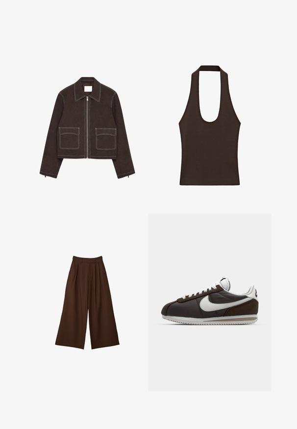 Veste cropped en daim marron avec une fermeture éclair en métal, deux poches avant, des accents de coutures blanches, un col cranté et des détails zippés sur les manches.; Haut sans manches marron foncé avec larges bretelles et décolleté profond en forme de goutte, en tissu côtelé tricoté.; Pantalon large marron avec des plis, poches latérales et taille haute avec passants de ceinture, présenté sur un fond blanc.; Baskets Nike marron et gris avec accents blancs ; matériaux en cuir et en daim ; semelles texturées ; lacets gris ; design rétro classique.