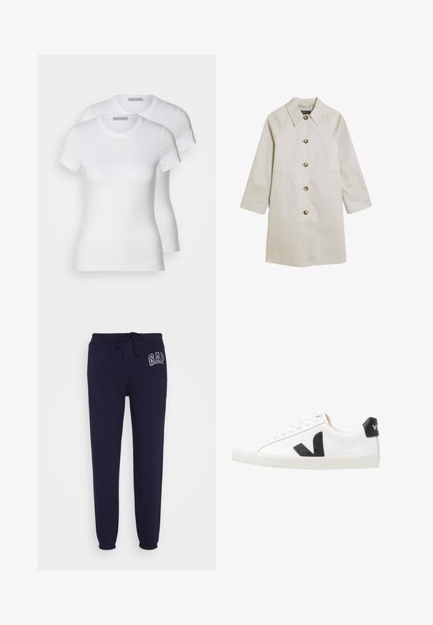Lichtbeige jas van glad materiaal, met een notch-kraag, knoopsluiting, zijzakken en raglanmouwen.; Twee witte katoenen t-shirts met korte mouwen, ronde halslijnen en een getailleerd silhouet, met een zachte textuur en minimalistisch ontwerp.; GAP Trainingsbroek - navy uniform; Witte sneaker met een zwart V-logo, voorzien van een gladleren bovenwerk, ronde neus, vetersluiting en een contrasterende zwarte hieltab.