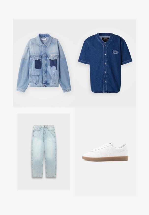 Lys blå denimjakke med mørkeblå lapper, herunder en hjerteformet lap på forsiden, og knaplukning, liggende fladt.; Kortærmet, button-up skjorte lavet af mørkeblå denim med klassisk krave og hvidt broderet logo på venstre bryst.; Lyseblå denimjeans med løs pasform, lige ben, falmet tekstur, fem-lomme design og metalknaplukning i taljen.; Hvid lav sneaker med gummisål i naturfarve, syninger og snørebånd på neutral baggrund.
