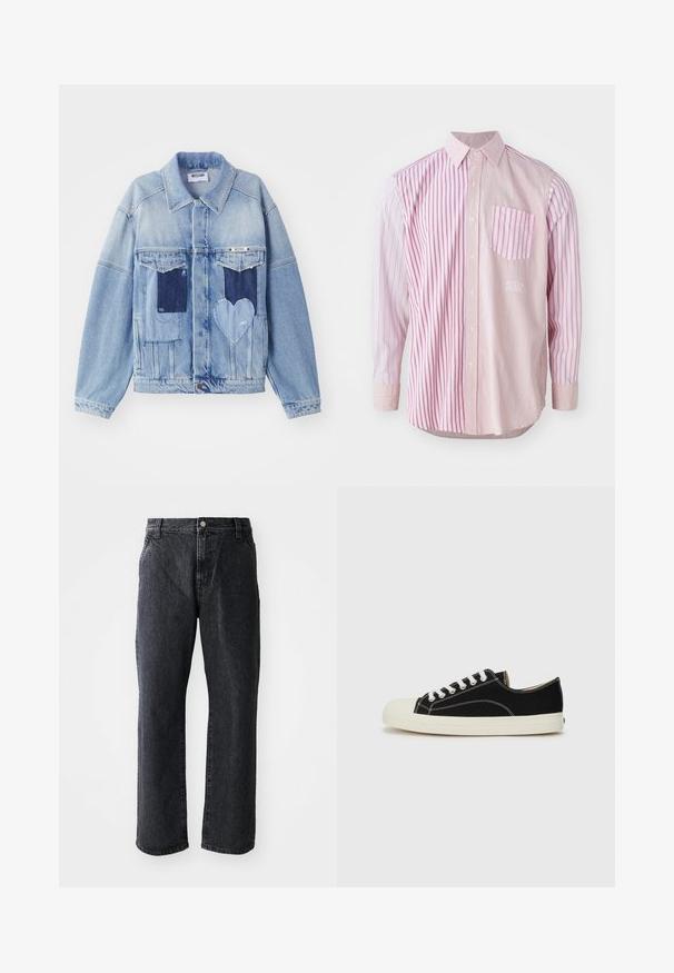 Lichtblauwe denimjacket met donkerblauwe patches, waaronder een hartvormige patch aan de voorkant, met knoopsluiting, plat neergelegd.; Langarmshirt met afwisselend brede en smalle roze strepen, een button-up kraag en een linkse borstzak met een vergelijkbaar gestreept patroon.; Zwarte denim jeans met een rechte pijp, voorzien van een knoopsluiting, vijf zakken en een subtiele textuur. Klassiek ontwerp zonder opvallende patronen.; Zwarte canvas sneakers met witte stiksels, een ronde rubberen neuskap en witte veters. Heeft een textiele bovenkant en een beige zool.