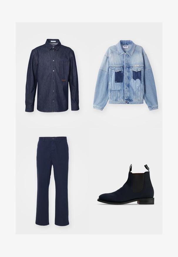 Veste en denim bleu clair avec des patches bleu foncé, incluant un patch en forme de cœur à l'avant, et fermeture par boutons, posée à plat.; Chemise en denim foncé avec un devant boutonné, un col pointu, une poche poitrine unique et des détails de couture contrastants.; Pantalon en coton bleu marine avec une coupe droite, doté d'une fermeture à bouton à l'avant et de poches latérales. Texture lisse avec un minimum de détails.; Botte Chelsea en cuir bleu marine avec panneaux latéraux élastiques noirs, semelle noire, talon bas et languettes de traction à l'avant et à l'arrière.