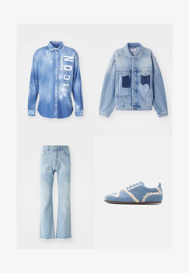 Lys blå denimjakke med mørkeblå lapper, herunder en hjerteformet lap på forsiden, og knaplukning, liggende fladt.; Lyseblå denimskjorte med frontknaplukning, lange ærmer, krave og hvidt trykt tekst "DSQUARED2 ICON" med malerstænkdetaljer.; Lyseblå denimjeans med høj talje, bred benudskæring og rå kant. Har klassisk fem-lomme design og synlige syninger.; Lyseblå denim-sneaker med frynset beige kantdetalje, hvide snørebånd og flad brun sål, vist fra siden mod en ensfarvet baggrund.