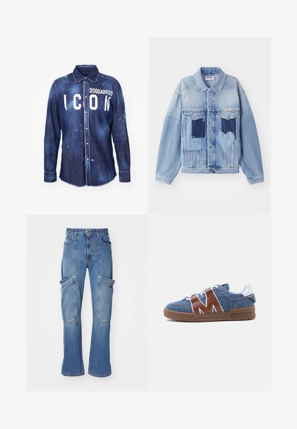 Veste en denim bleu clair avec des patches bleu foncé, incluant un patch en forme de cœur à l'avant, et fermeture par boutons, posée à plat.; Chemise en denim bleu foncé avec le texte "ICON" en blanc et le logo "DSQUARED2". Dotée d'une fermeture à boutons, d'un col pointu et d'éclaboussures de peinture usée.; Pantalons cargo en denim bleu clair avec taille haute, plusieurs poches latérales et jambes évasées, avec des coutures contrastées et une fermeture éclair.; Basket en denim bleu avec des sangles en cuir marron en forme de M, lacets blancs, languette blanche au talon et semelle en caoutchouc marron vue de côté.
