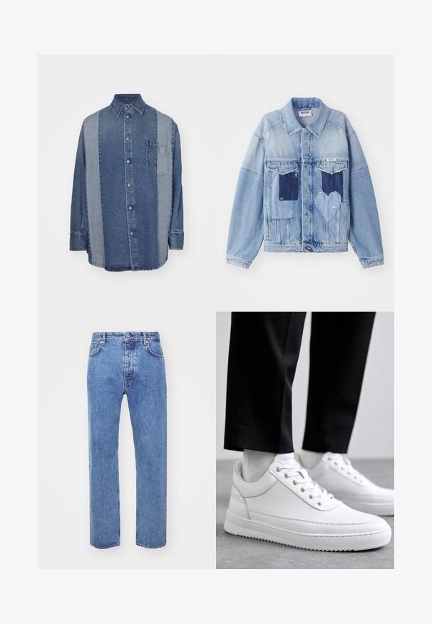 Veste en denim bleu clair avec des patches bleu foncé, incluant un patch en forme de cœur à l'avant, et fermeture par boutons, posée à plat.; Chemise en denim avec un design bicolore comportant des sections bleu foncé et bleu clair, avec un devant à boutons, un col et une poche poitrine.; Won Hundred STEVE - Jean boyfriend - cut blue; Baskets blanches en cuir avec une semelle en caoutchouc plat, présentant une finition lisse, un bout rond et des œillets en métal pour les lacets. Portées avec un pantalon noir.