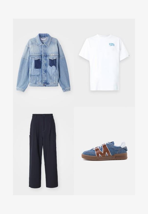 Veste en denim bleu clair avec des patches bleu foncé, incluant un patch en forme de cœur à l'avant, et fermeture par boutons, posée à plat.; T-shirt en coton blanc à manches courtes et col rond. Présente un logo texte "Billionaire Boys Club" de couleur bleu clair sur le haut à gauche.; Pantalons cargo navy avec coutures bleues, ceinture élastique, deux poches latérales, coupe droite et texture de tissu douce.; Basket en denim bleu avec des sangles en cuir marron en forme de M, lacets blancs, languette blanche au talon et semelle en caoutchouc marron vue de côté.