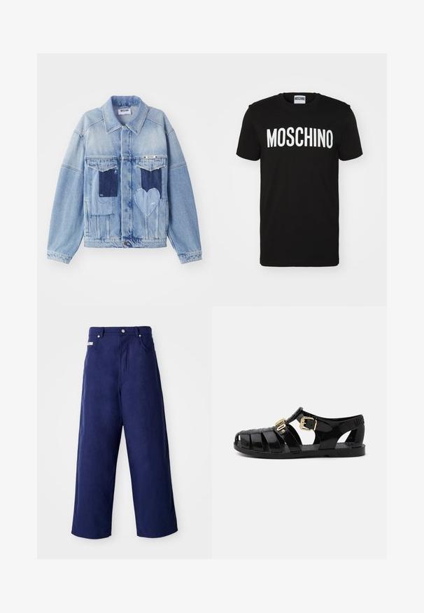 Lichtblauwe denimjacket met donkerblauwe patches, waaronder een hartvormige patch aan de voorkant, met knoopsluiting, plat neergelegd.; Zwarte katoenen t-shirt met opvallende witte "MOSCHINO" tekst op de voorkant; ronde hals en korte mouwen. Eenvoudig ontwerp, klassieke pasvorm.; Wijde broek in marineblauw, gemaakt van zachte stof. Heeft een knoopsluiting en vo pockets aan de voorkant, met een nette afwerking en geen zichtbare patronen.; Zwarte rubberen sandalen met uitsnijdingen, voorzien van een gouden gesp-sluiting en een textuur inlegzool. Afgedrukt logo op de hak.