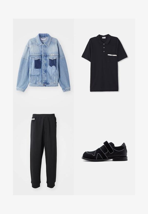 Veste en denim bleu clair avec des patches bleu foncé, incluant un patch en forme de cœur à l'avant, et fermeture par boutons, posée à plat.; Polo noir en coton avec un col à trois boutons, des manches courtes et une poche poitrine ornée d'un accent argenté et d'une étiquette.; Pantalons de survêtement noirs en tissu doux, avec une taille élastique, des poches latérales et des poignets côtelés aux chevilles. Design minimaliste.; Chaussure habillée pour homme noire avec bride en velcro, détail lacé, matériaux en daim et cuir, et talon bas, sur fond blanc uni.