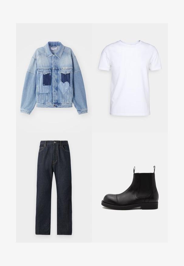 Lichtblauwe denimjacket met donkerblauwe patches, waaronder een hartvormige patch aan de voorkant, met knoopsluiting, plat neergelegd.; Witte katoenen t-shirt met korte mouwen en een ronde hals. Eenvoudig ontwerp zonder patronen of accenten. Glad textuur.; Donkerblauwe denim jeans met een rechte pijp, voorzien van vijf zakken, subtiele stiksels en een knoopsluiting in de taille.; Zwarte leren Chelsea-boot met afgeronde neus, elastische zijpanelen, aantreklussen voor en achter, platte zool, van opzij getoond op witte achtergrond.