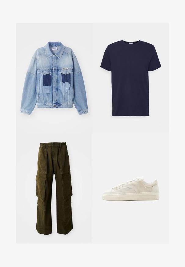 Veste en denim bleu clair avec des patches bleu foncé, incluant un patch en forme de cœur à l'avant, et fermeture par boutons, posée à plat.; T-shirt bleu marine à manches courtes fabriqué en tissu doux. Présente un col rond et une coupe droite sans motifs ni accents.; Pantalons cargo en vert olive foncé, fabriqués en coton texturé. Dotés d'une taille élastique, de plusieurs poches latérales et d'une coupe ample.; Baskets basses blanches avec fermeture à lacets, tige en tissu texturé et semelle épaisse en caoutchouc, vues de côté extérieur sur un fond uni.