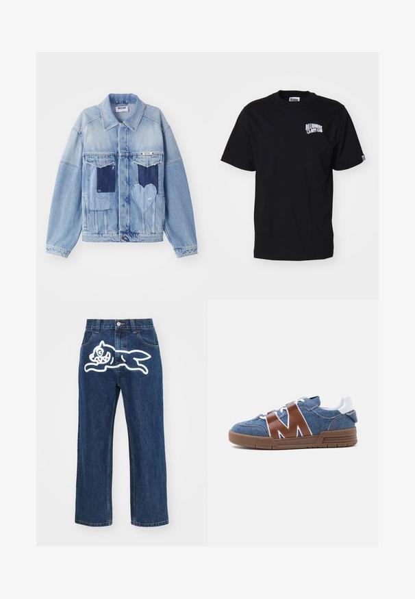 Lichtblauwe denimjacket met donkerblauwe patches, waaronder een hartvormige patch aan de voorkant, met knoopsluiting, plat neergelegd.; Zwarte katoenen t-shirt met een ronde hals en korte mouwen. Heeft een witte bedrukte logo op de linkerkant van de borst. Eenvoudig ontwerp, standaard pasvorm.; Donkerblauwe wijde jeans met een grote witte cartoonhond graphic op de achterzak. Denimtextuur, traditionele vijf-pocket ontwerp.; Blauwe denim sneaker met bruine lederen M-vormige bandjes, witte veters, witte hieltab en bruine rubberen zool, gezien vanaf de zijkant.