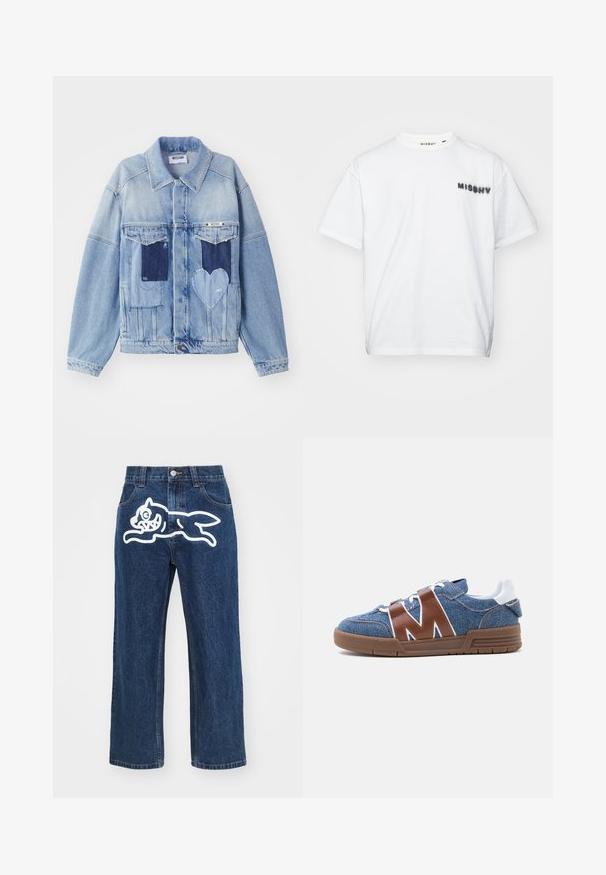 Hellblaue Jeansjacke mit dunkelblauen Patches, darunter ein herzförmiger Patch auf der Vorderseite und Knopfverschluss, flach ausgelegt.; MISBHV COMMUNITY - T-Shirt print - white; Dunkelblaue weit geschnittene Jeans mit einem großen weißen Cartoon-Hundegrafik auf der Gesäßtasche. Denim-Struktur, traditionelles Fünf-Taschen-Design.; Blauer Denim-Sneaker mit braunen Leder M-förmigen Riemen, weißen Schnürsenkeln, weißem Fersenlaschen und brauner Gummisohle, von der Seite gezeigt.