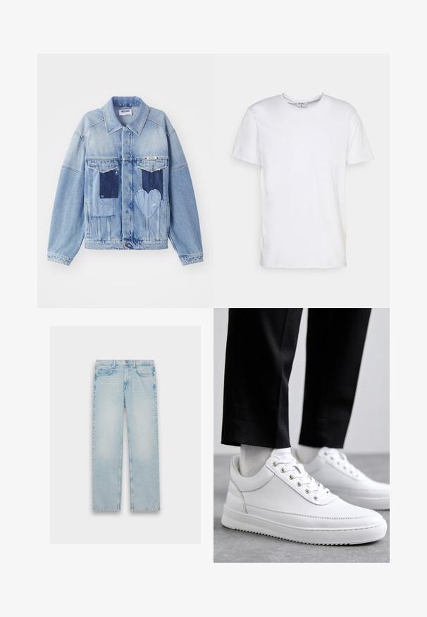 Lys blå denimjakke med mørkeblå lapper, herunder en hjerteformet lap på forsiden, og knaplukning, liggende fladt.; Hvid kortærmet t-shirt lavet af bomuld. Har en rund halsudskæring og en afslappet pasform uden synlige mønstre eller detaljer.; Lyseblå denimjeans med lige ben, fem lomme-design og en falmet finish. Metalhardware og syet detaljering er synlig.; Hvide lædersneakers med en flad gummisål, der har en glat overflade, rund tå og metaløjer til snørebånd. Bæret med sorte bukser.